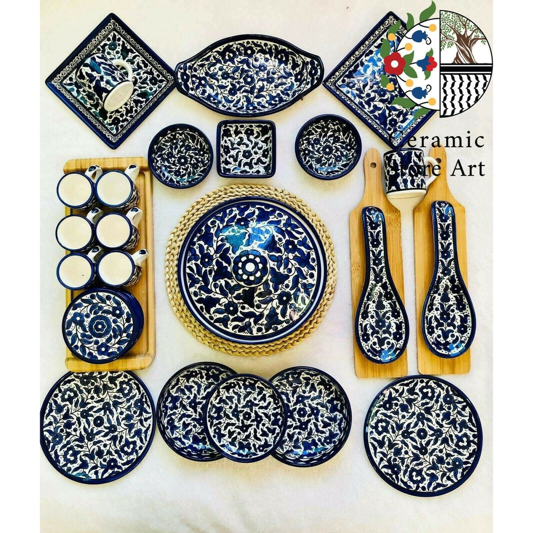 Palestinian Ceramic Tableware Set of 28 items  | Blue and White Color | Hebron Ceramic | Dining Set | Drinkware Set