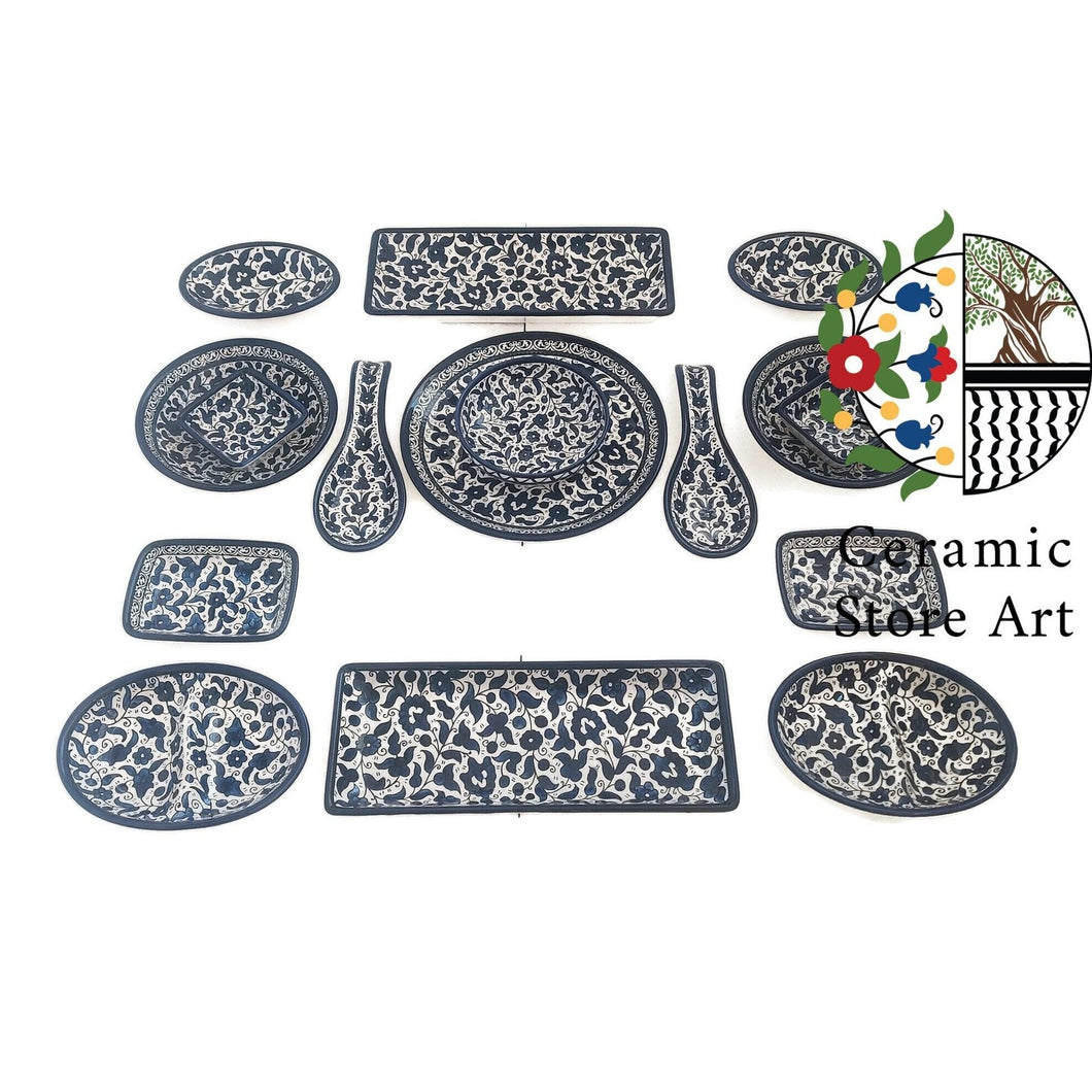 16 pieces Ceramic Set | Handmade Hand-painted Holy Land Ceramic Tableware Set  | Navy Blue & White Patterns | Dinning l Kitchen