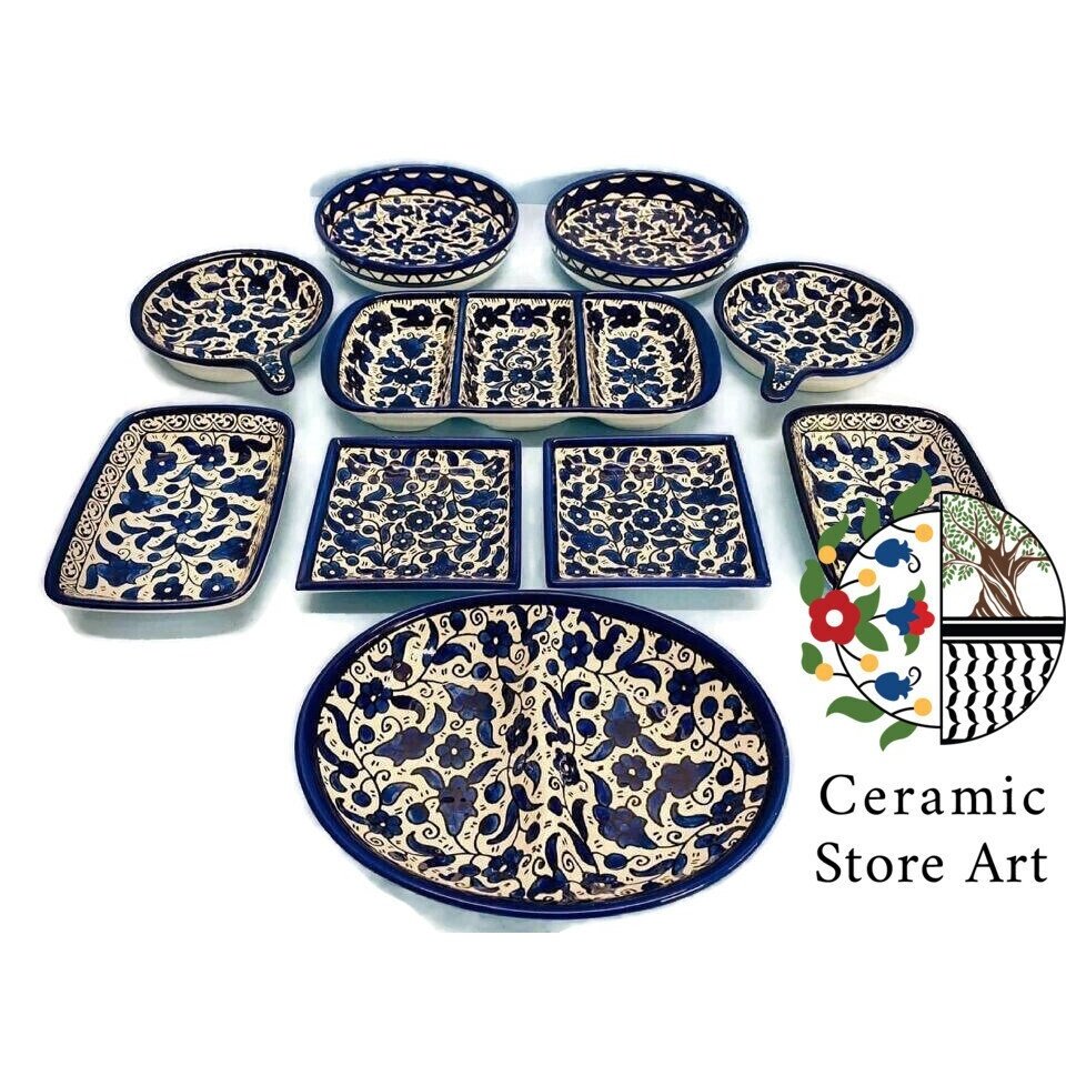 Palestinian Hebron 10 Items Set | Handmade Hand-painted High Quality Ceramic Tableware Set  |  Navy Blue & White Patterns | Dinning