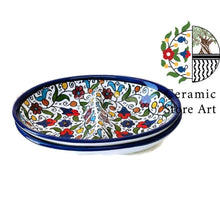 Load image into Gallery viewer, Ceramic Serving  2 Section Divided Plate | Handmade Handpainted Palestinian Product | Oval Shaped Floral Multicolored Design
