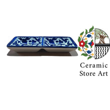 Load image into Gallery viewer, Ceramic Rectangular 2 section Plate for Salt &amp; Pepper | Handmade Hand painted  | Colorful | Blue and white | Palestinian Hebron Ceramic
