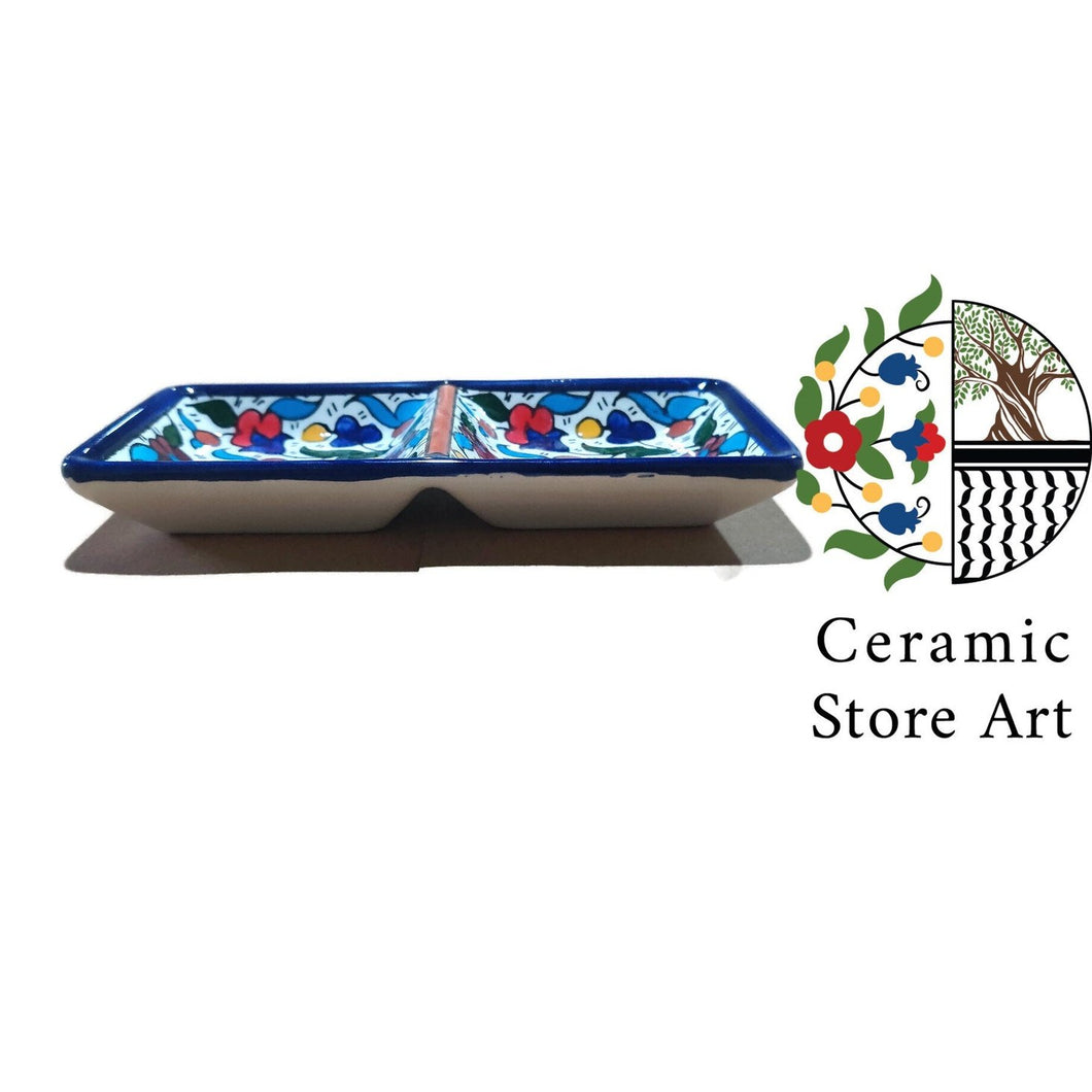 Ceramic Rectangular 2 section Plate for Salt & Pepper | Handmade Hand painted  | Colorful | Blue and white | Palestinian Hebron Ceramic