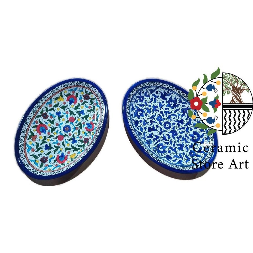 Oval shaped ceramic serving platter 30cm Length  | Handmade Handpainted  Ceramic | Multi Colored Floral | Blue and white | Hebron Ceramic
