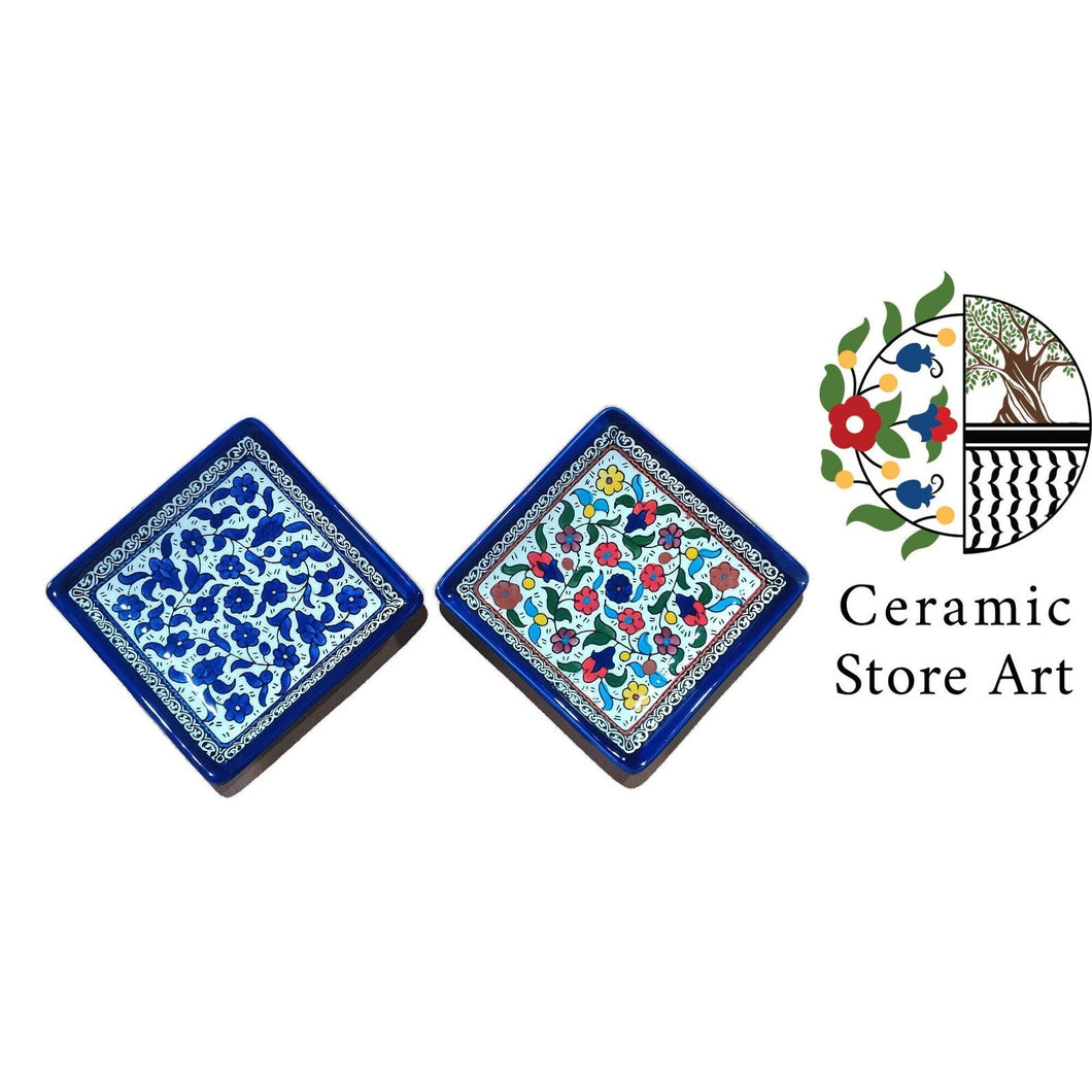 Ceramic Square Serving Plate 13cm | Palestinian Handmade Hand painted  | Navy Blue & White  | Floral Multicolored