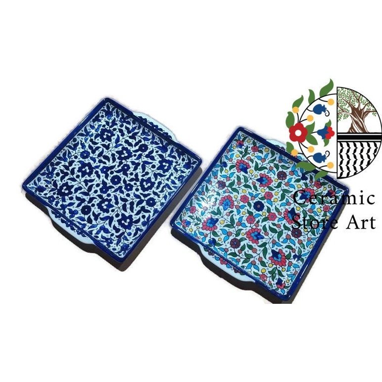 Ceramic square Dish Plate | Handmade Hand painted Ceramic | Multi Colored Floral | Blue and white | Palestinian Product Hebron Ceramic