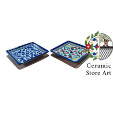 Load image into Gallery viewer, Ceramic Square Serving Plate 13cm | Palestinian Handmade Hand painted  | Navy Blue &amp; White  | Floral Multicolored
