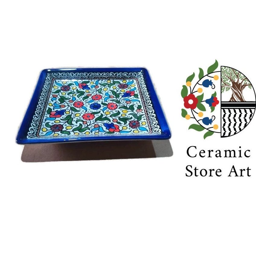 Ceramic Serving square plate 16.5 cm  | Palestinian Handmade Hand painted  | Navy Blue & White Patterns | Floral Multicolored