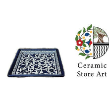 Load image into Gallery viewer, Ceramic Serving square plate 16.5 cm  | Palestinian Handmade Hand painted  | Navy Blue &amp; White Patterns | Floral Multicolored
