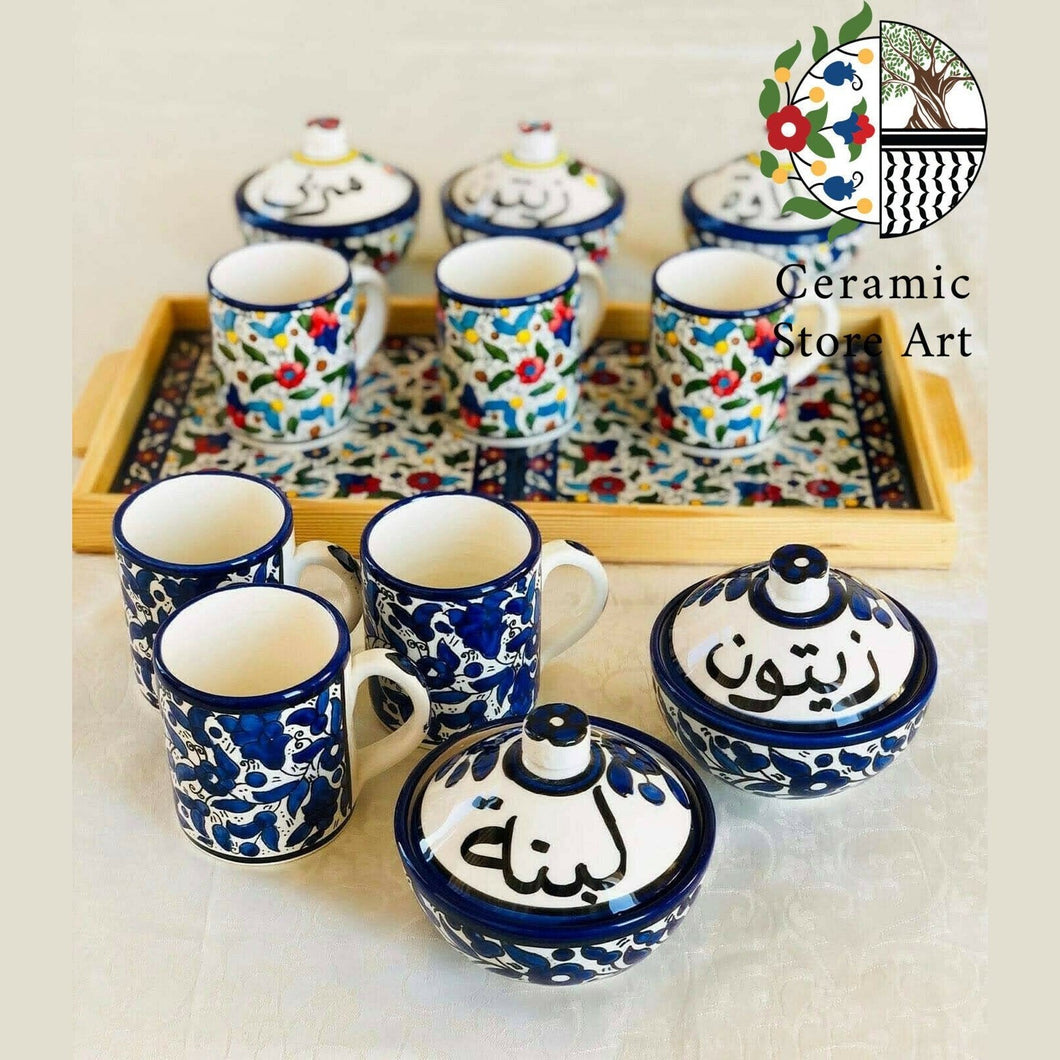 Hebron Ceramic Bowls 12 items Set of 6 Mugs, 5 bowls and 1 Tray