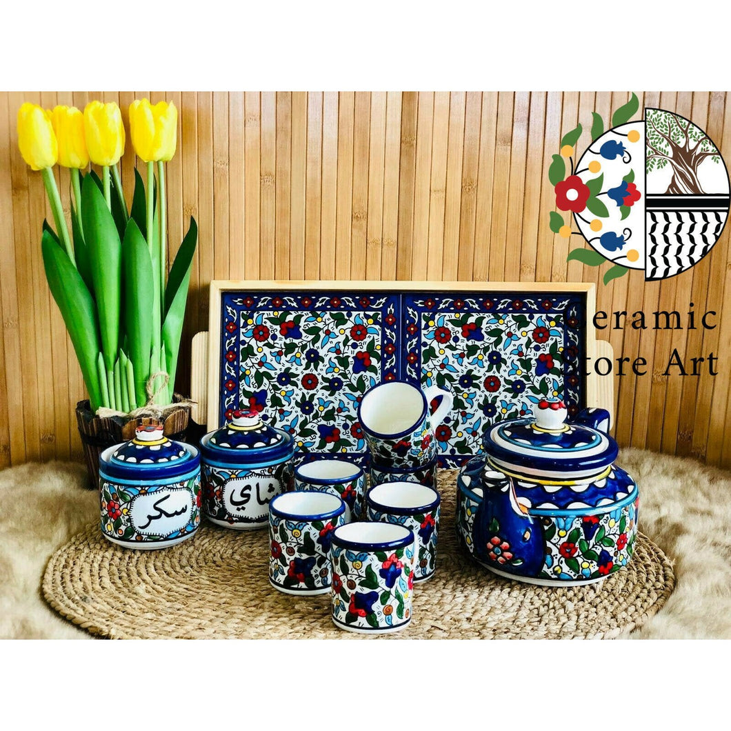 Palestinian Handmade Handpainted Drinkware Ceramic Tea Set | Multi Colored Floral | Serving Tray | Sugar & Tea Containers | Cups | Teapot