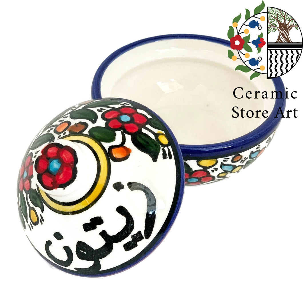 Olives Ceramic Bowl with lid Colorful| Navy and white |  Handmade Hand painted Ceramic Bowl for Serving Olives Zaytoon | Palestinian Ceramic