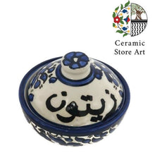 Load image into Gallery viewer, Olives Ceramic Bowl with lid Colorful| Navy and white |  Handmade Hand painted Ceramic Bowl for Serving Olives Zaytoon | Palestinian Ceramic
